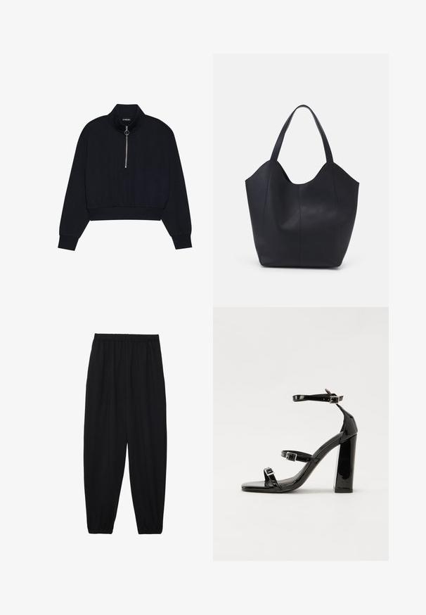 Čierny skrátený pulóver z mäkkej tkaniny, s vysokým golierom, predným zipsom so strieborným ťahadlom a rebrovanými manžetami a lemom.; Čierne, ľahké nohavice s elastickým pásom a zúženými nohavicami. Tkanina je hladká a má voľný, zúžený strih.; Čierne lakované sandále na podpätku so štvorcovou špičkou, navlečenými remienkami okolo členku a striebornými prackami. Disponujú masívnym blokovým podpätkom pre stabilitu.; Čierna taška s dlhým uchom vyrobená z hladkej kože, s oblým otvoreným vrchom a dvoma ramennými popruhmi, minimalistického dizajnu.