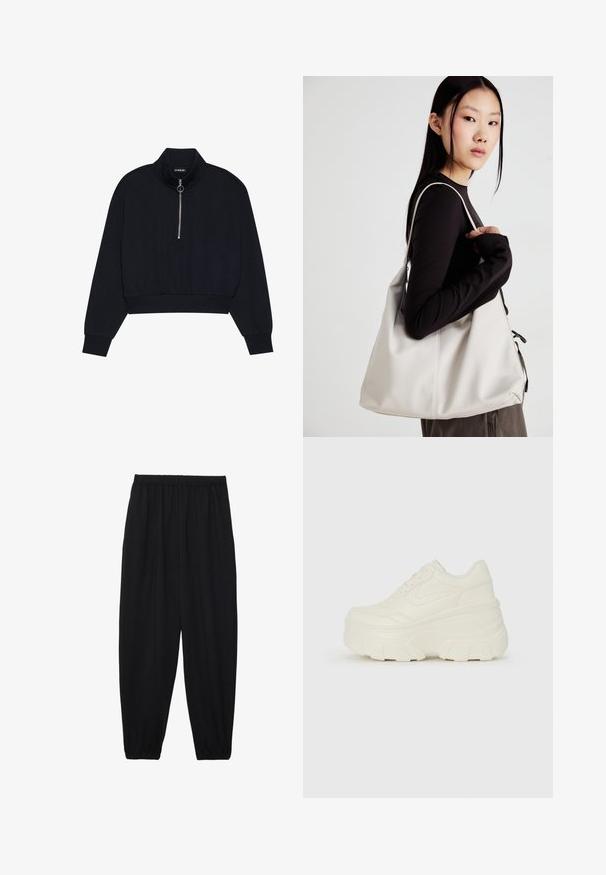 Černý zkrácený pulovr vyrobený z měkké tkaniny, s vysokým límcem, předním zipem se stříbrným táhlem a žebrovanými manžetami a lemem.; Černé, lehké kalhoty s elastickým pasem a nařasenými kotníky. Tkanina je hladká a má uvolněný, zúžený design.; Bílé platformové tenisky s hladkým svrškem podobným kůži, zaobleným tvarem, polstrovaným límcem a texturovanou gumovou podrážkou s vyznačenými vzory.; Beige kabelka vyrobená z měkkého materiálu, s volným designem, prošívanými detaily a dvěma ramenními popruhy. Vhodná pro každodenní použití.