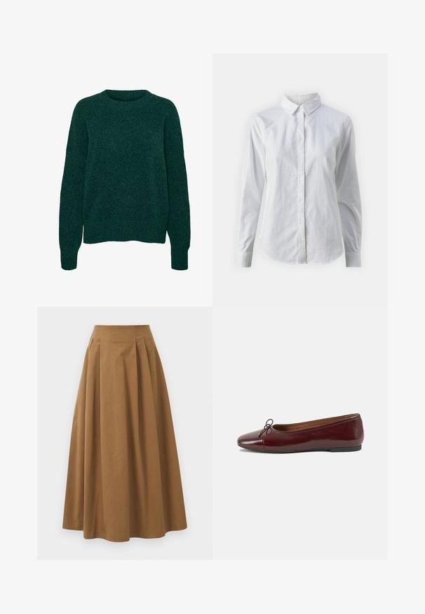 Ciemnozielony wełniany sweter z długim rękawem, o okrągłym dekolcie oraz ściągaczami u mankietów i na dole, w gładkim splotcie.; Biała koszula zapinana na guziki, wykonana z gładkiej bawełny, z klasycznym kołnierzykiem, długimi rękawami i zaokrąglonym dołem. Guziki są małe i białe.; Brąskowa bawełniana spódnica w kształcie litery A z wysokim stanem, z plisami z przodu i gładką fakturą. Wykończenia dołu są czyste i proste.; Bordowe baleriny z lakierowanej skóry z zaokrąglonym noskiem, małą kokardką z przodu oraz niską, czarną gumową podeszwą. Gładka tekstura.