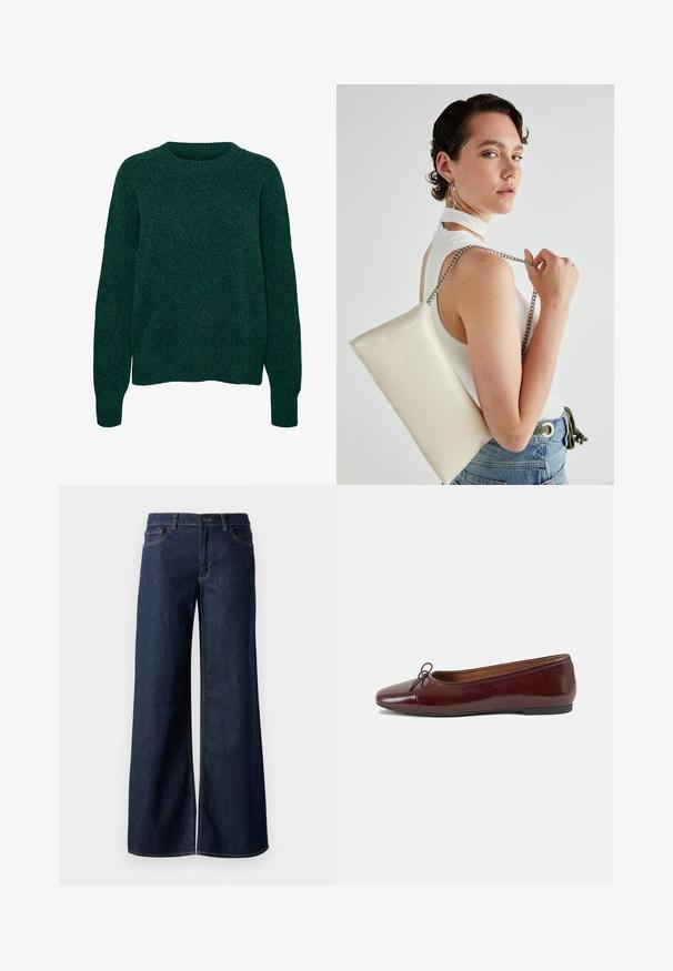 Sweater de lã verde escuro de mangas longas com decote redondo e punhos e bainha canelados, textura de malha simples.; Jeans de perna larga em denim azul escuro. Apresenta costura em contraste, cinco bolsos e um fecho de botão na cintura. Textura lisa.; Bailarinas em couro sintético borgonha com bico redondo, pequeno laço na frente e sola baixa em borracha preta. Textura suave.; Bolsa de mão retangular branca, feita de material brilhante, com uma alça em corrente prateada. Modelo posa, exibindo a bolsa contra um fundo simples.