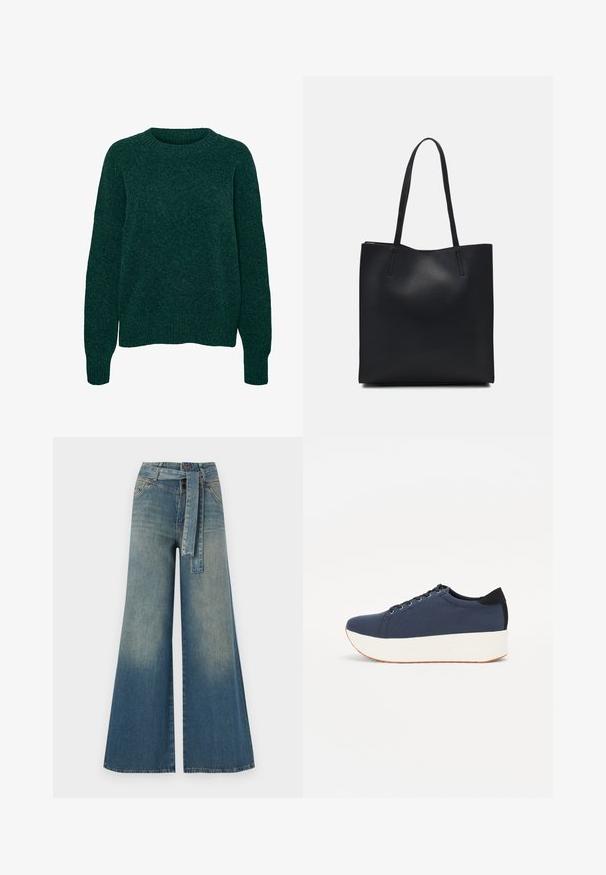 Ciemnozielony wełniany sweter z długim rękawem, o okrągłym dekolcie oraz ściągaczami u mankietów i na dole, w gładkim splotcie.; Szerokie spodnie dżinsowe z gradientem od jasnoniebieskiego do ciemnoniebieskiego, wysokim stanem, szlufkami na pasek oraz pasującym paskiem z tkaniny. Teksturowany wykończenie dżinsu.; Granatowe trampki z teksturowanej tkaniny, biała platforma, okrągły nosek i czarny akcent na pięcie. Posiadają sześć oczek na sznurówki.; Czarna skórzana torba tote o gładkiej fakturze, prostokątnym kształcie i dwóch długich uchwytach. Brak widocznych elementów metalowych i ozdób.