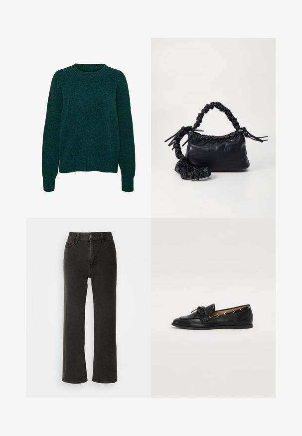 Pulover lung din lână de culoare verde închis, cu mâneci lungi, guler rotund și manșete și tiv cu jerseu texturat uniform.; Blugi negri cu croi larg din denim, cu închidere frontală cu nasture, bucle pentru curea și cinci buzunare, având o textură ușor decolorată.; Mocasini din piele neagră cu fundiță legată, având accente aurii sub formă de ochiuri pe laterale și o talpă plată din cauciuc. Textură netedă, design clasic.; Geantă din faux leather neagră cu textură de crocodil, cu partea superioară strânsă și o curea mototolită. Pare moale și compactă ca design.