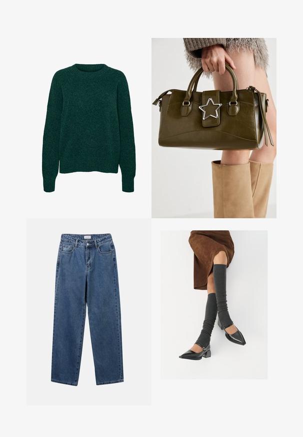 Sötétzöld, gyapjú hosszú ujjú pulóver, kerek nyakkal, bordázott mandzsettával és aljjal, sima kötött textúrával.; Klasszikus kék farmernadrág egyenes szárú dizájnal, öt zsebbel és gombos zárással. Közepes mosású és strapabíró textúrával rendelkezik.; Fekete lakk bőrből készült, hegyes orrú cipők, tömbsarkúakkal és bokapánttal, szürke bordás lábszármelegítőkkel és barna velúr szoknyával párosítva.; Olívazöld műbőr kézitáska ezüst csillag díszítéssel, dupla fogantyúval és cipzáros zárással. Texturált felület és formázott alak.