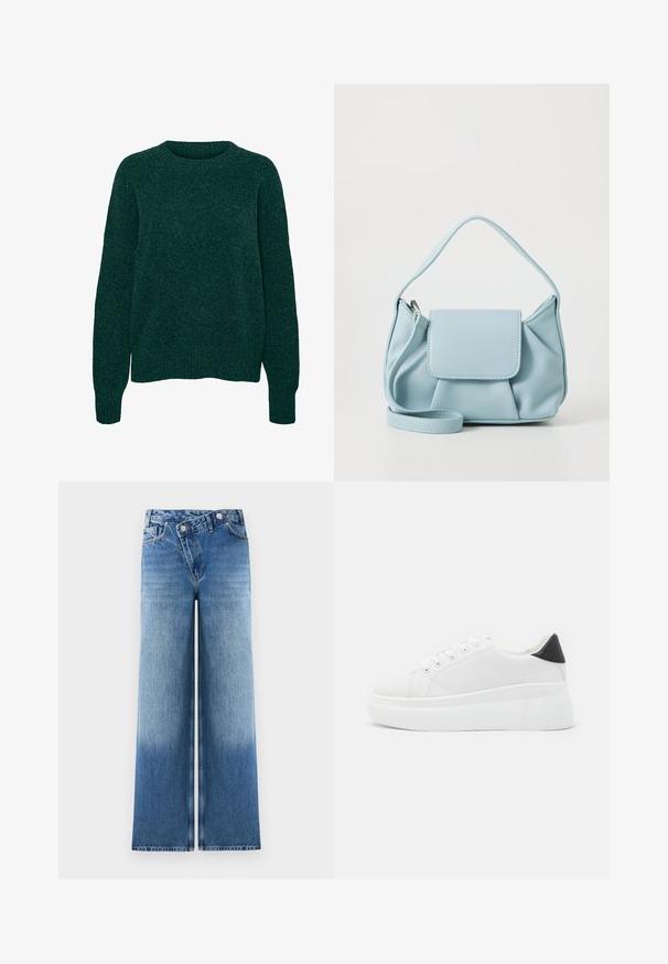 Tumši zaļš vilnas garās piedurknes džemperis ar apaļu kakla izgriezumu un ribotām piedurknēm un apakšmalu, vienkāršs adījuma tekstūra.; Gaiši zili platā stila džinsi ar izbalējušu mazgāšanu, ar klasisku piecu kabatu dizainu un metāla pogu akcentiem jostasvietā.; Baltas platforma kedas, izgatavotas no gludas sintētiskas vielas, ar noapaļotu purngalu, saites dizainu un teksturētu gumijas zoli. Melna papēža akcenta detaļa.; Gaiši zila ādas rokassoma ar augšējo rokturi, priekšējo vāku kabatu un noņemamu roku siksniņu uz baltas fona.