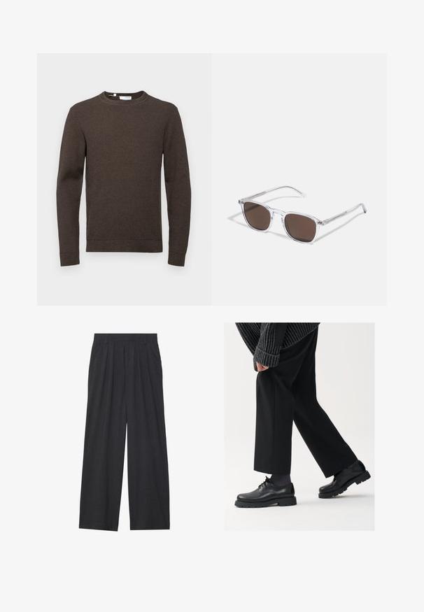 Selected Homme SLHROSS STRUCTURE CREW NECK - Svetr - chocolate torte; Bílá košile na knoflíky vyrobená z lehkého materiálu, s špičatým límcem, dlouhými rukávy a řadou žlutých knoflíků vpředu.; Široké kalhoty vyrobené z tmavě šedé látky. Mají plisování v pase, střih na míru a rovný siluetu.; Černé kožené boty s kulatou špičkou, šněrovací design a silnou strukturovanou podrážkou. Noseny s dobře padnoucími černými kalhotami a žebrovaným svetr.; Průhledné plastové sluneční brýle s obdélníkovými hnědými skly, vybavené tenkými průhlednými obrubami a kovovými detaily na spáncích.