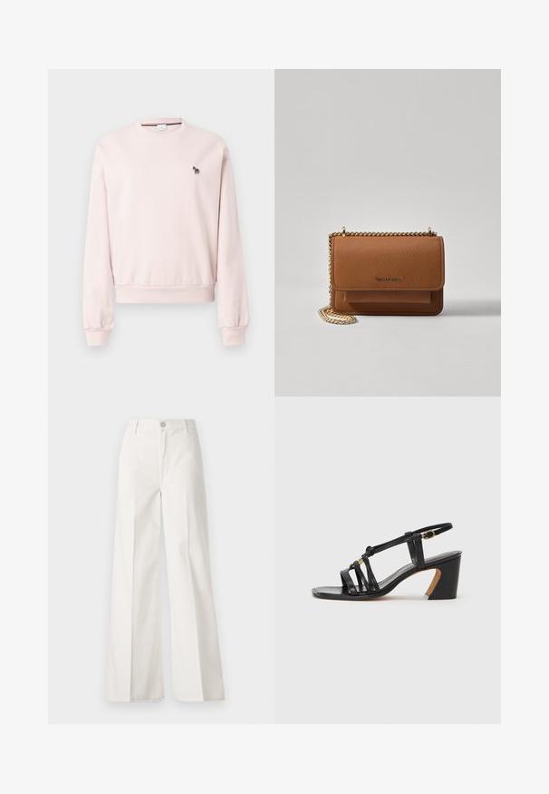 Roze sweatshirt met ronde hals gemaakt van zacht materiaal, met ribben aan de manchetten en onderkant. Bevat een klein zwart-wit zebra borduursel op de borst.; Witte wijde-broek gemaakt van katoen met een gladde textuur. Voorzien van een knoop aan de voorkant, ritsopening en vierzakkenontwerp.; Paul Smith AMIRA - Klassieke pumps - black; Bruine lederen schoudertas met textuur, voorzien van een gouden kettingstrap en klepsluiting. De voorkant heeft een logo-detail en een zak onder de klep.