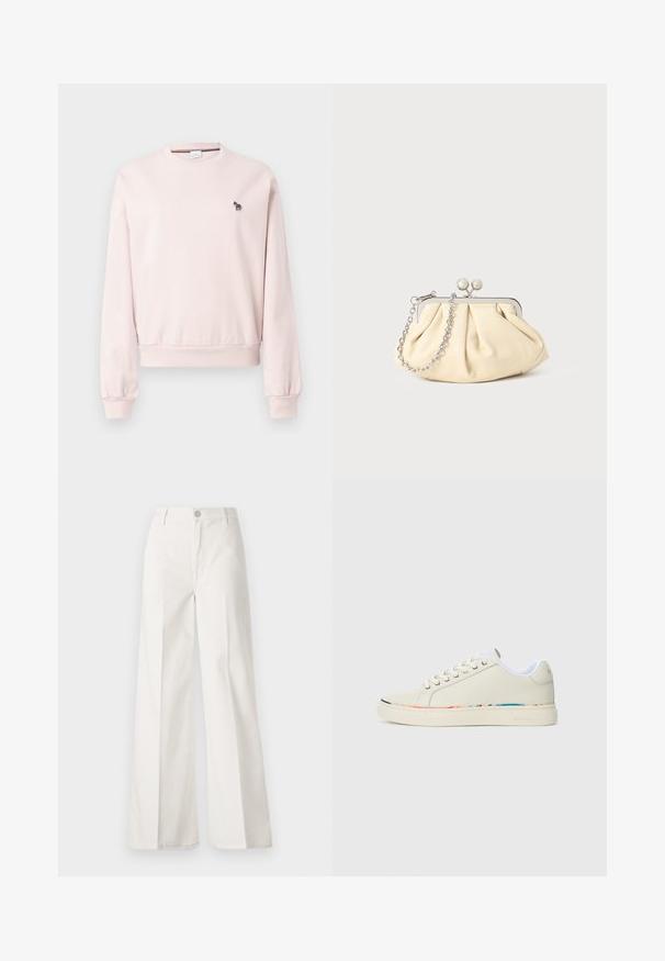 Felpa crewneck rosa realizzata in morbido materiale, con polsini e orlo a costine. Presenta un piccolo ricamo di una zebra bianca e nera sul petto.; Pantaloni bianchi a gamba larga realizzati in cotone con una texture liscia. Presentano un bottone anteriore, una zip e un design a quattro tasche.; Sneaker bassa color avorio con design a lacci, fodera interna bianca e sottile bordatura multicolore lungo il bordo della suola, vista laterale.; Clutch in pelle beige plissettata con una struttura in metallo argento, dotata di due chiusure decorative rotonde e una tracolla in catena argentata.
