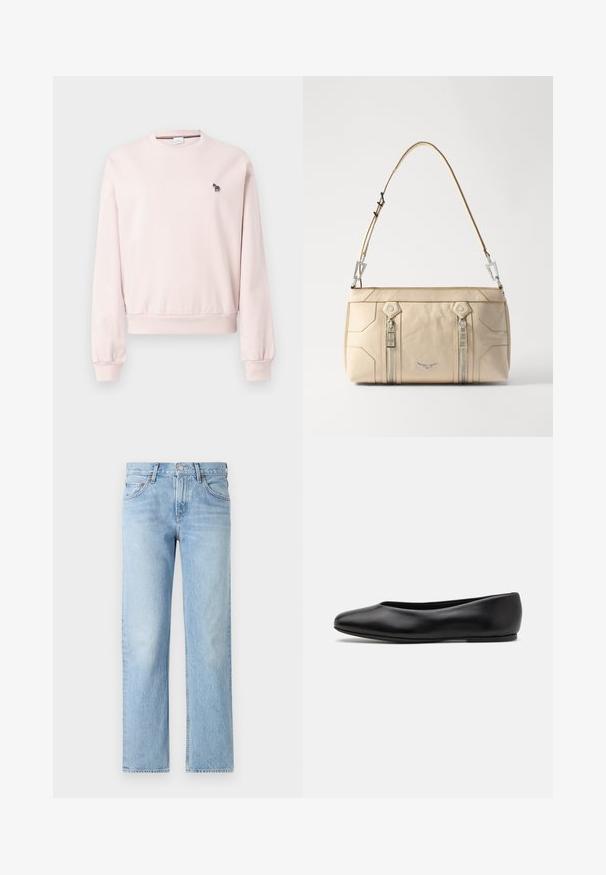 Różowa bluza z miękkiego materiału, z okrągłym dekoltem i ściągaczami przy rękawach oraz u dołu. Zawiera małe haftowane zebry w odcieniach czerni i bieli na klatce piersiowej.; Jasnoniebieskie dżinsy z prostym krojem, pięcioma kieszeniami, zapięciem na guziki i zamek oraz lekko wyblakłym wykończeniem.; Paul Smith TOPANGA czarny; Beżowa skórzana torebka z srebnym okuciem, z dwoma bocznymi zamkami błyskawicznymi, usztywnioną konstrukcją i odpinanym paskiem dla większej wszechstronności.