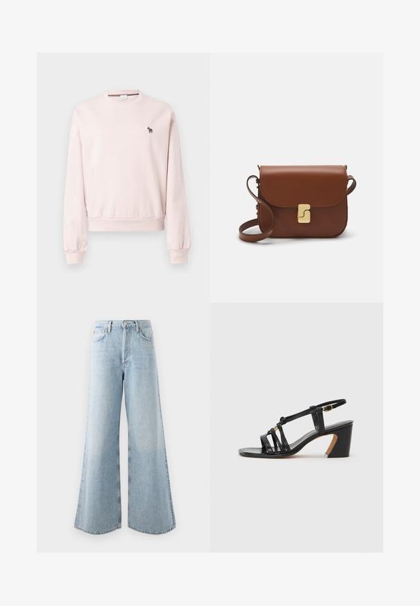 Rózsaszín crewneck pulóver, puha anyagból készült, bordázott mandzsettákkal és aljjal. A mellkason egy kis fekete-fehér zebra hímzés található.; Világoskék bőszárú farmernadrág, magas derékkal, öt zsebbel és gombos/cipzáras záródással. Domború szegély a nagyobb térfogatért.; Paul Smith AMIRA - Klasszikus sarkú cipők - black; Barna bőr kézitáska, hajtókás zárással, arany színű fém kiegészítőkkel, vállpánttal és sima felülettel. Kompakt téglalap alakú.