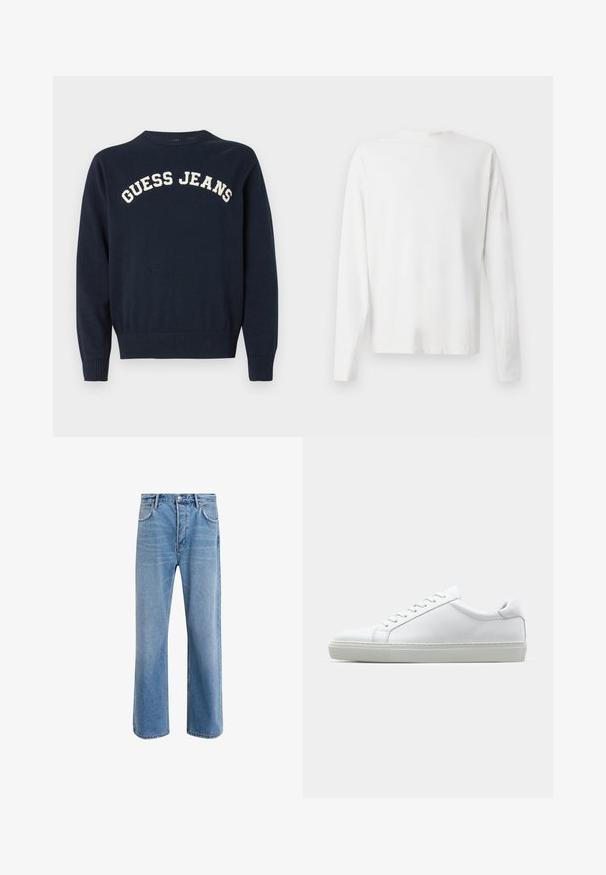 Pulover tricotat bleumarin, cu guler rotund și manșete striate, cu „GUESS JEANS” brodat în crem pe piept.; Cămașă albă din bumbac cu mâneci lungi, decolteu rotund, fante pe laterale la baza, cu o textură netedă, expusă din spate.; Jeans din denim bleu deschis cu un design drept, cinci buzunare, închidere cu buton, decolorare minimă și detalii de cusătură în contrast.; Adidași albi cu o suprafață din piele netedă și un profil jos. Au un vârf rotunjit, șase orificii pentru șireturi și o talpă din cauciuc texturată.