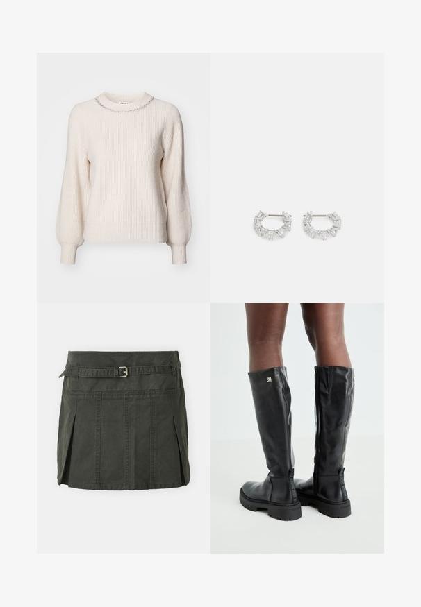 Krém színű pulóver bordázott textúrával, kerek nyakkivágással, ezüst gyöngy díszítéssel, és hosszú, enyhén puffos ujjakkal.; Sötétzöld, pamut mini szoknya, formázott derékkal, övvel és elülső pliszékkel. Varrott részletekkel és klasszikus szabással rendelkezik.; Fekete, térd fölé érő bőr csizmák sima textúrával, lekerekített orral, vastag talppal és cipzáras záródással. Ezüst színű logó található az oldalon.; Ezüst karika fülbevalók, átlátszó, téglalap és háromszög alakú kristályokkal, mintás elrendezésben. Biztonságos rögzítést biztosító fülbevaló pálcikák.