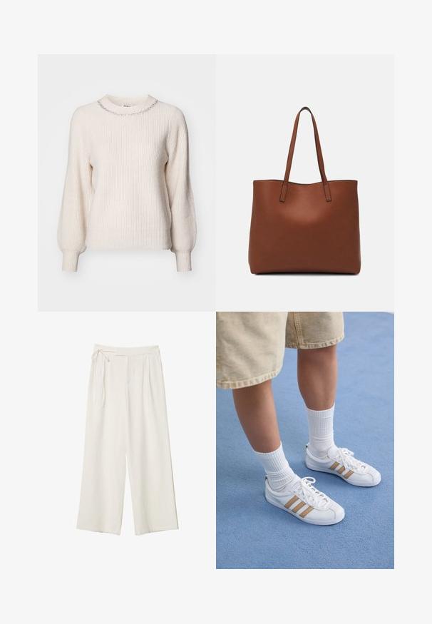 Kremni pulover z rebrastim vzorcem, okroglim izrezom, okrašenim z srebrnimi bleščicami, ter dolgimi, rahlo napihnjenimi rokavi.; Široke hlače iz off-white tkanine z gladko teksturo. Imajo zavezan pas in nagubano sprednjo stran, zasnovane za sproščen fit.; Bele teniske s tremi zlatimi črtami, zavezane, z gumijastim podplatom, nosene z rebrastimi belimi nogavicami in bež kratkimi hlačami na modri površini.; Rjava usnjena torba z gladko teksturo, odprto zasnovo zgoraj in dvema naramnima trakovoma. Opremljena je z minimalnim šivanjem in brez vidnih kovinskih delov.