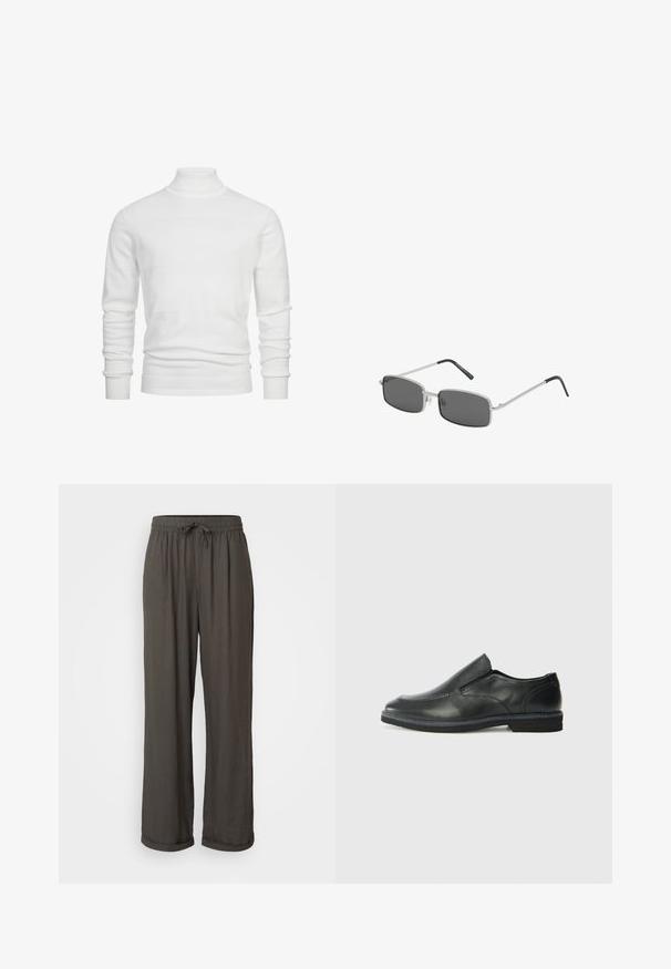 Weißer Rollkragenpullover mit strukturierten horizontalen Streifen, gerippten Bündchen und Saum. Das Strickgewebe sorgt für ein weiches, gemütliches Aussehen.; Dunkelgraue weit geschnittene Hose mit einem Zugbandsaum, gefertigt aus einem weichen, strukturierten Stoff, mit umgeschlagenen Bündchen an den Knöcheln.; Schwarze Leder-Slipper mit glattem Obermaterial, gesteppten Akzenten, runder Zehenpartie und niedrigem Gummiabsatz. Die Sohle hat ein minimales Profil.; Rechteckige Sonnenbrille mit dunkelgrauen Gläsern, dünnem silbernen Metallrahmen und schwarz gummierten Bügelspitzen. Minimalistisches Design.