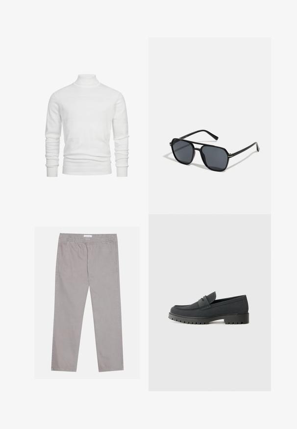 Pulover alb cu guler înalt, prezentând dungi orizontale texturate, manșete și tiv cu nervuri. Materialul tricotat oferă un aspect moale și confortabil.; Pantaloni din bumbac gri deschis, cu talie elastică, două buzunare laterale, design cu picioare drepte și o textură netedă. Detalii simple de cusătură.; Pantof cu toc negru, cu o finisare netedă, mată, având un vârf rotund și o talpă groasă, texturată. Este accentuat cu o curea frontală.; Ochelari de soare negri cu ramă octogonală, lentile întunecate, finisaj lucios, temple subțiri și accente aurii în partea din față.; Cinco inele argintii: unul cu un detaliu circular negru, unul cu un model geometric alb și negru, iar celelalte cu forme și finisaje diverse.