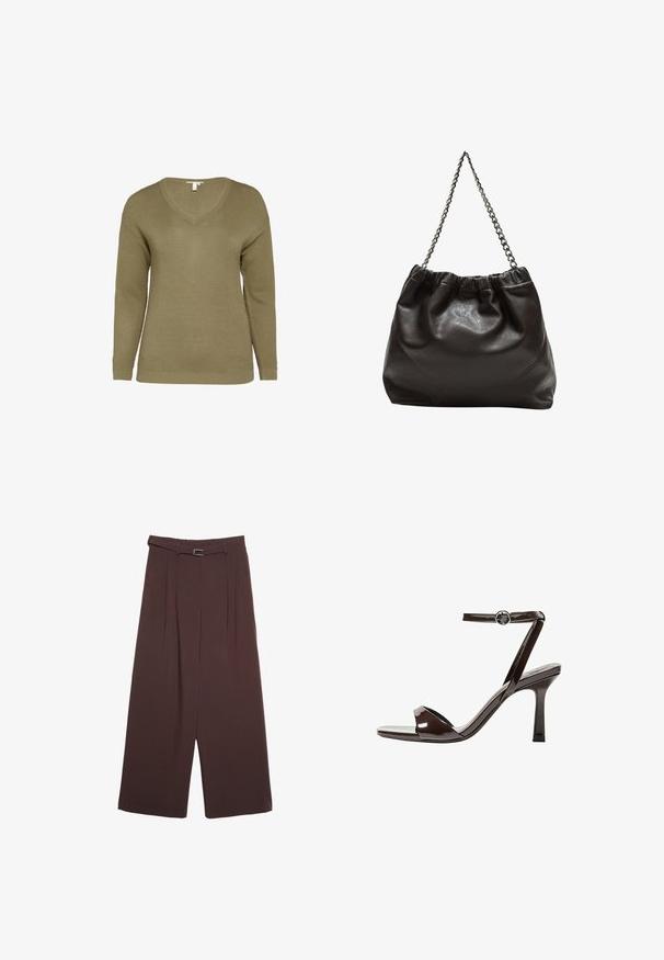 Strickpullover in Olivgrün mit V-Ausschnitt, langen Ärmeln und strukturiertem Stoff mit geripptem Saum und Bündchen.; Stradivarius WIDE-LEG WITH BUCKLE DETAIL - Stoffhose - dark brown; Braune Lackleder-High-Heelsandale mit einem Knöchelriemen, offener Zehenpartie und einem schlanken, minimalistischen Design. Verfügt über einen quadratischen Absatz.; Braune Lederhandtasche mit gerafftem Oberteil und Kettenriemen. Glatte Textur mit glänzendem Finish und subtilen Nahtdetails an den Seiten.