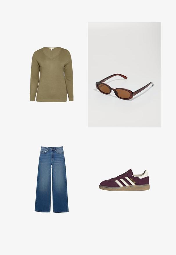 Gebreide trui in olijfgroen met een V-hals, lange mouwen en een textuurstof met geribbelde zoom en manchetten.; Wijde blauwe denim jeans met een hoge taille, gestikte accenten en een eenvoudig ontwerp met een lichte vervagingseffect.; Bordeauxsuède sneaker met witte drie strepen en beige accenten. Voorzien van een gestructureerde rubberen zool en gouden branding aan de zijkant.; Ronde, bruin getinte zonnebril met een glanzend bordeauxrood frame. Slanke pootjes met subtiele merkdetails. Vlakke lensontwerp.; Bruine geweven leren handtas met een slonzig, driehoekig model. Voorzien van een gevlochten handvat en een ritssluiting aan de bovenkant.