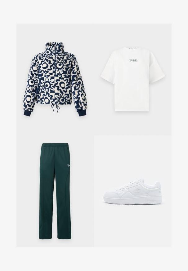 Vilnonis puloveris su jūrine ir balta abstrakčia gėlių raštu, pusiau užtrauktuku, aukštu apykakle, elastingais rankogaliais ir su pavadėliu apačioje.; Balta trumpomis rankovėmis marškinėliai, pagaminti iš medvilnės, su žaliu grafiniu logotipu ovalo formos centre ant krūtinės.; Tamsiai žaliai sportinė kelnės, pagamintos iš švelnaus audinio, su elastingu juosmeniu ir šoninėmis siūlėmis, priekyje uždėtas mažas logotipas.; Baltos sportbačiai, pagaminti iš sklandžios sintetinės medžiagos, su apvaliu pirštu, plokščiu padu ir subtiliais logotipo akcentais šonuose. Klasikinis žemas dizainas.