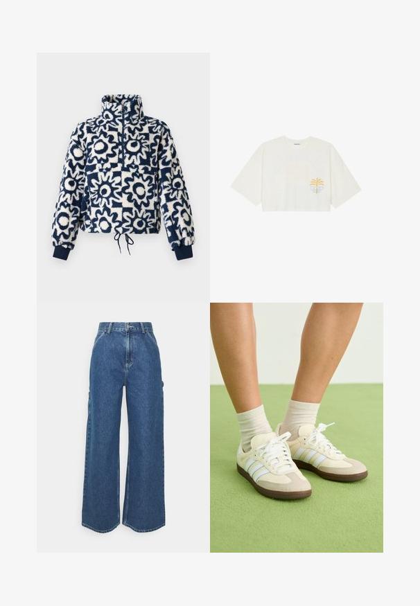 Pulover din fleece cu model abstract floral în nuanțe de bleumarin și alb, cu fermoar pe jumătate în față, guler înalt, manșete elastice și tiv cu șnur.; Tricou alb scurt din bumbac, cu mâneci scurte, având un grafic cu palmier galben și val albastru pe partea stângă a pieptului.; Pantaloni din denim albastru cu talie înaltă și picioare largi, cu o cusătură contrastantă și buzunare laterale, având un design clasic cu cinci buzunare și margini brut.; Tenesi Samba cu o schemă de culori crem și bej, având trei dungi albastre deschise, șireturi albe și talpă din cauciuc maro.