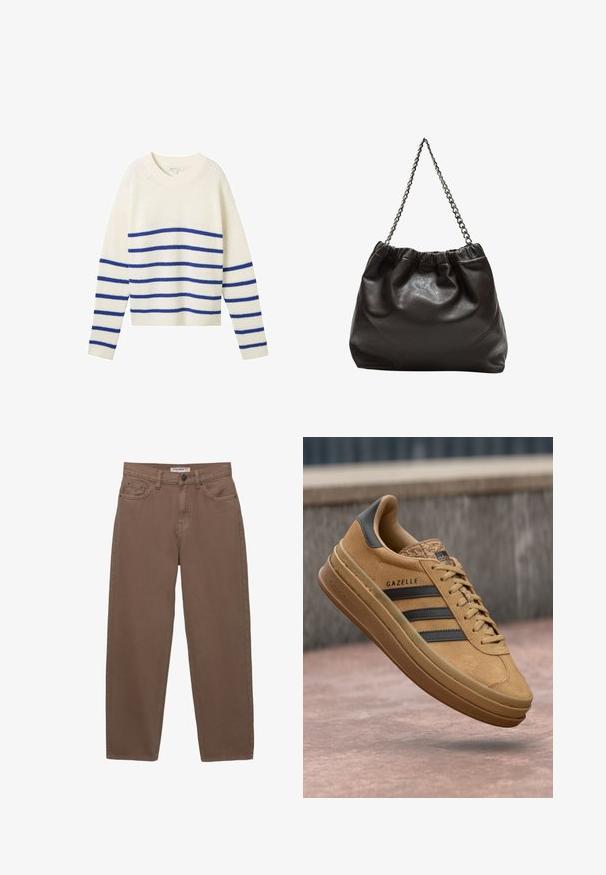 Kravata pletena pulover s horizontalnimi modrimi črtami, okroglim izrezom, dolgimi rokavi ter rebrastimi manšetami in robom. Mehka tekstura in sproščen kroj.; Rjave bombažne denim hlače z ohlapen krojem, petimi žepi in zadrgo. Imajo subtilno teksturo in klasične šive.; Svetlo rjave semiš teniske z gladko teksturo, ki imajo tri temne črte, zaobljen nos in debelejši podplat s vzorčastim robom.; Rjava usnjena torba z nabranim vrhom in verižnim trakom. Gladka tekstura z sijajno površino in subtilnimi šivi na straneh.