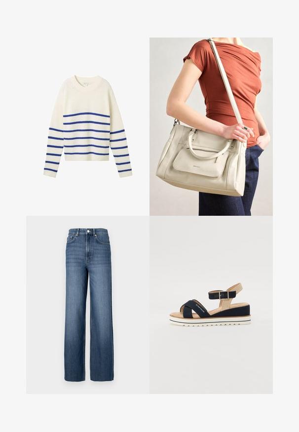 Crème gebreide trui met horizontale blauwe strepen, ronde halslijn, lange mouwen en geribde manchetten en zoom. Zachte textuur en casual pasvorm.; Blauwe denim jeans met een hoge taille en een wijde pijp. Voorzien van een klassiek vijf-pocket ontwerp en metalen knoopdetails.; Marineblauwe sandaal met twee stoffen banden, verstelbare enkelband en gestructureerde beige achterkant. Dikke, witte, gekartelde zool. Merk gedrukt op de band.; Witte leren handtas met dubbele handgrepen en een afneembare schouderband, met een voorzak met rits en een gladde textuur. Draagend aan de arm van een persoon.