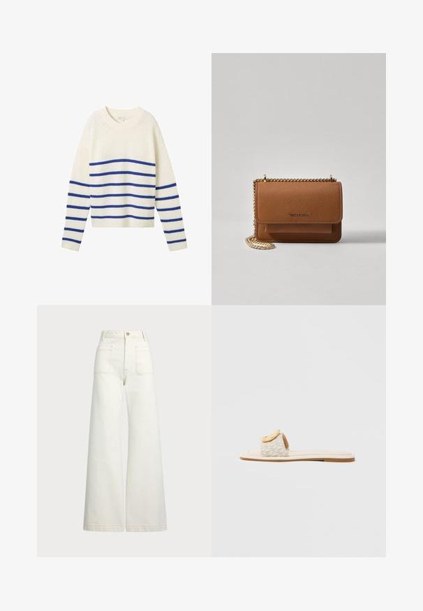Maglione in maglia crema con righe orizzontali blu, scollatura tonda, maniche lunghe e polsini e orlo a coste. Tessuto morbido e vestibilità casual.; Jeans a gamba larga in denim bianco sporco. Design a vita alta con chiusura a bottone, due tasche frontali e dettagli di cucitura a contrasto.; Sandalo tipo slide con cinturino beige a motivo geometrico, dettaglio arrotondato giallo sulla parte superiore e suola piatta di colore chiaro.; Borsa a tracolla in pelle marrone con texture, dotata di catena dorata e chiusura a pattina. Sul davanti presenta un dettaglio con logo e una tasca sotto la pattina.