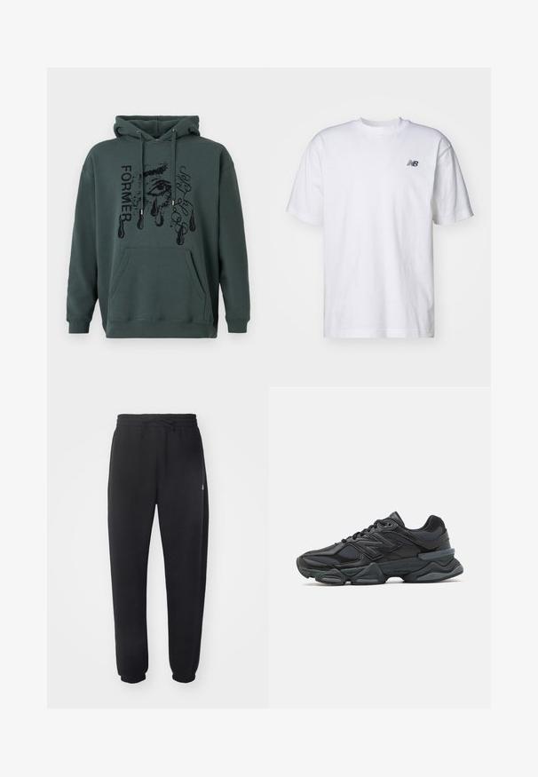 Tumši zaļš kapucis, kas izgatavots no mīkstas auduma, ar priekšējo kabatu, auklu kapuci un grafisku tekstu ar acs dizainu un asarām.; Balta īsām piedurknēm T-kreklā ar apaļu kakla izgriezumu, uz kura kreisā krūšu daļā ir neliela melna New Balance logo, pret vienkāršu fona.; Melni sporta bikses no mīksta materiāla ar elastīgu jostu, aukliņu un sašaurinātiem piedurknēm, ar smalku logo sānos.; Melna skriešanas apavi ar jauktu acu audumu un sintētiskiem materiāliem, masīvu zoli, izliekta dizaina elementiem un izteiktu zīmola logotipu uz sāniem.