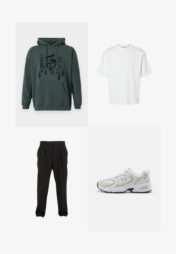 Tmavozelená mikina vyrobená z mäkkého materiálu, ktorá disponuje prednou kapsou, sťahovacou kapucňou a grafickým textom s dizajnom oka a kvapkami.; Biele bavlnené tričko s krátkymi rukávmi, okrúhlym výstrihom a voľným strihom. Hladká textura bez viditeľných vzorov alebo akcentov.; Čierne nohavice s hladkým materiálom, s prednými skladmi, pásom na gombík a cappami s užším strihom okolo členkov. Klasický strih s presne tvarovaným vzhľadom.; Športová obuv s hornou časťou zo svetlošedého sieťového materiálu so semišovými akcentmi, bielymi šnúrkami a čiernou gumovou podrážkou. Výrazný detail odpruženia ABZORB.