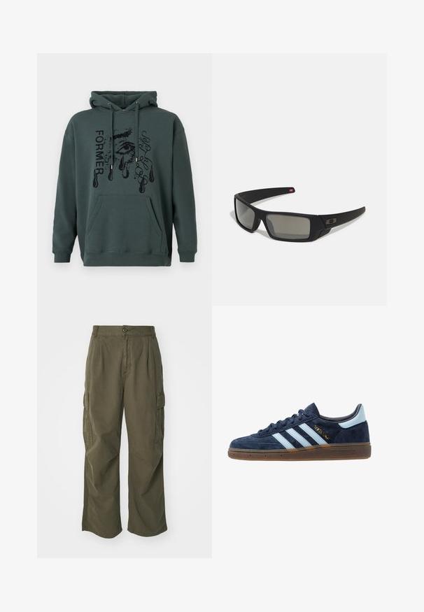 Tummanvihreä huppari pehmeästä kankaasta, jossa on edessä tasku, nyöritettävä huppu ja graafinen teksti, jossa on silmämotiivi ja pisaroita.; Vihreät cargo-housut, valmistettu puuvillasta, leveällä lahjesuunnittelulla, taitoksilla ja sivutaskuilla käytännöllisyyttä varten.; Adidaksen tummansininen mokkanahkakengät vaaleansinisin raidoitta, kumipohja, vaaleansininen kantatuki ja kultainen "Spezial" -merkintä sivussa.; Mustat aurinkolasit matta-pinnalla, suorakulmaiset linssit, hieman kaarevat tempaukset, hienovarainen logo-yksityiskohta ja savunväriset linssit.