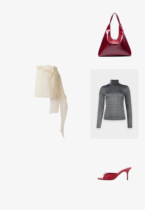 Langsleeve coltruit in een metallic grijze stof met een glinsterende textuur. Strak ontwerp met een hoge nek voor extra warmte.; Linnen hoofddeksel in off-white, cilindrische vorm met een doorschijnende, vloeiende sjaal die over de bovenkant valt, met een zachte, transparante textuur.; Rode leren open teen sliders met een verzameld, geplooid ontwerp en een decoratieve strik. Heeft een stiletto hak en een gladde afwerking.; Rode glanzende leren handtas met een driehoekige vorm, brede opening aan de bovenkant en een enkele gebogen handgreep. Gladde textuur met minimale stikseldetails.