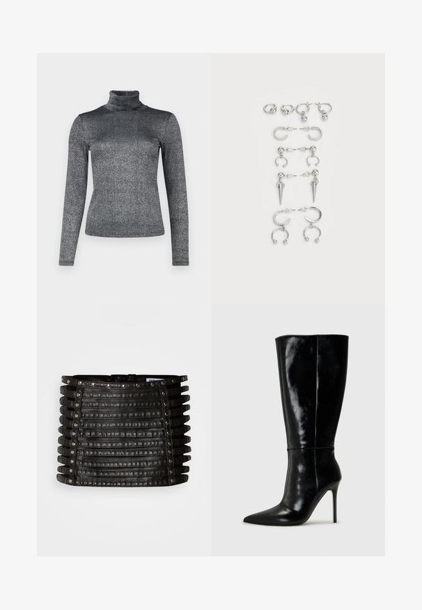Ilgi piedurkņu turtlenecks tops metāliskā pelēkā audumā ar mirdzošu tekstūru. Matu dizains ar augstu apkakli papildu siltumam.; Melna ādas mini svārki ar horizontālām siksnu detaļām un sudraba nagliņām gar augšējo malu un vertikālajām malām.; Melnas ādas zābaki līdz ceļiem ar smailu purngali un augstu stiletto papēdi. Gluda tekstūra un elegants dizains, ar minimālu dekoru.; Sudraba auskaru komplekts ar dažādiem dizainiem: riņķi, studē un karājoši stili, ar bumbu akcentiem un izliektiem elementiem.