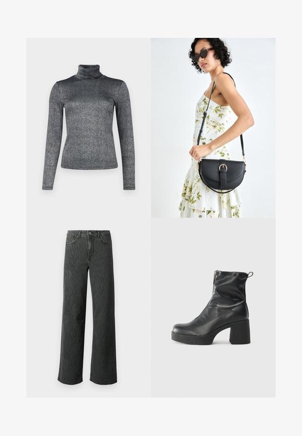 Langärmliges Turtleneck-Top aus einem metallisch grauen Stoff mit schimmernder Textur. Figurbetontes Design mit hohem Kragen für zusätzliche Wärme.; Weite Jeans aus dunkelgrauem Denim, mit einer subtilen Zebra-Muster-Struktur, kontrastierenden Nähten und einem Fünf-Taschen-Design mit einem Knopfverschluss.; Schwarze Stiefeletten aus glattem Leder mit seitlichem Reißverschluss, klobigem strukturiertem Absatz und runder Zehenform.; Schwarze Lederhandtasche mit geschwungener Form, abnehmbarem Tragegurt und goldenen Beschlägen. Die Tasche verfügt über einen Deckel mit einer Schnallen-Details.