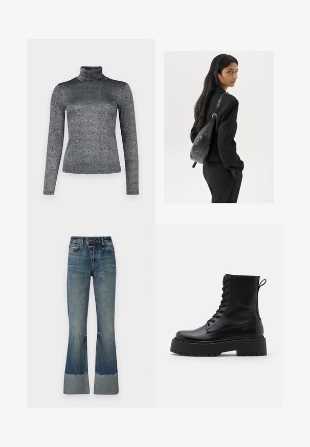 Dlhý rukáv rolák v kovovej sivej látke s lesklou textúrou. Správne tvarovaný dizajn s vysokým golierom pre zvýšené teplo.; Džínsy s rozšírenými nohavicami v strednej modrej farbe s vysokým pásom, piatimi gombíkmi a rozstrapkaným lemom. Obsahujú svetlejší manžet na spodnej časti a vyblednutú textúru.; Čierne kožené členkové topánky s okrúhlou špičkou, šnurovaním vpredu a hrubou gumovou podrážkou s textúrovaným vzorom. Sťahovací pútko na zadnej strane.; Žena s dlhými tmavými vlasmi, oblečená v čiernom obleku, nesúca čiernu koženú kabelku na ramene, pozerajúca cez rameno na bielom pozadí.