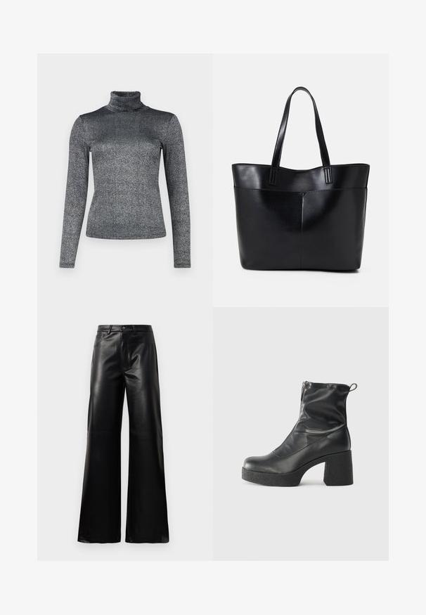 Metalizuoto šviesiai pilko audinio ilgomis rankovėmis ir aukštu kaklu. Prigludusi struktūra suteikia papildomo šilumos.; Juodos aukšto juosmens plačios kojų dirbtinės odos kelnės su priekiniais mygtukais, užtrauktuku, diržo kilpomis ir šoninėmis kišenėmis ant balto fono.; Juodos kulkšninių botai, pagaminti iš lygaus odos, su šoniniu užtrauktuku, masyviu tekstūruotu kulnu ir apvaliu pirštu.; Juoda odinė rankinė su dviem ilgais diržais, lygiu paviršiumi ir struktūrizuota forma. Yra priekinė kišenė papildomam saugojimui.