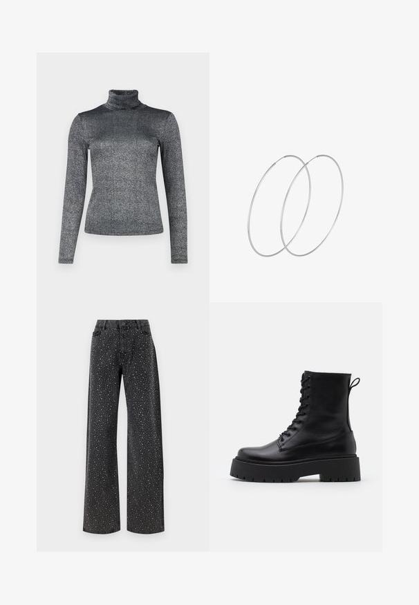 Langärmliges Turtleneck-Top aus einem metallisch grauen Stoff mit schimmernder Textur. Figurbetontes Design mit hohem Kragen für zusätzliche Wärme.; Noisy May NMJANNEL LOOSE - Jeans Relaxed Fit - black denim; Schwarze Lederstiefeletten mit runder Zehenpartie, Schnürung vorne und einer dicken Gummisohle mit strukturiertem Profil. Mit Zugschlaufe an der Rückseite.; Silberne Creolen mit minimalistischem Design. Rundform, glatte Oberfläche und dünnes Profil. Leichtgewichtig mit hochglänzender Oberfläche.