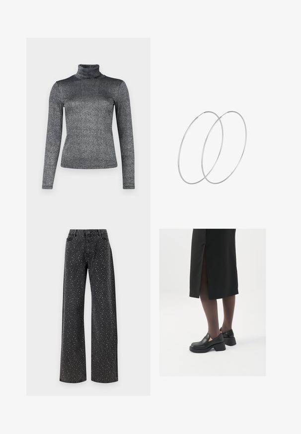 Długi rękaw golf w metalicznej szarej tkaninie o błyszczącej teksturze. Dopasowany krój z wysokim kołnierzem zapewnia dodatkowe ciepło.; Noisy May NMJANNEL czarny denim; Czarne skórzane buty z okrągłym noskiem, grubym blokowym obcasem i elastycznymi akcentami po bokach, zestawione z ciemnymi rajstopami i czarną spódnicą z rozcięciem.; Srebrne kolczyki w formie obręczy o minimalistycznym designie. Okrągły kształt, gładka faktura i cienki profil. Lekkie, z polerowanym wykończeniem.