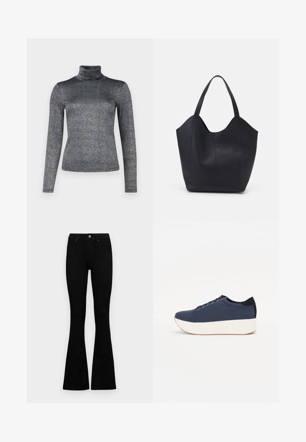 Long-sleeve turtleneck top in a metallic gray fabric with a shimmering texture. Fitted design with a high neck for added warmth.; Black high-waist jeans with a button and zip closure, front pockets, and flared legs laid flat on a white background.; Navy blue sneaker with a textured fabric upper, white platform sole, rounded toe, and black heel accent. Features six eyelets for laces.; Black tote bag made of smooth leather, featuring a curved, open top with two shoulder straps and a minimalist design.