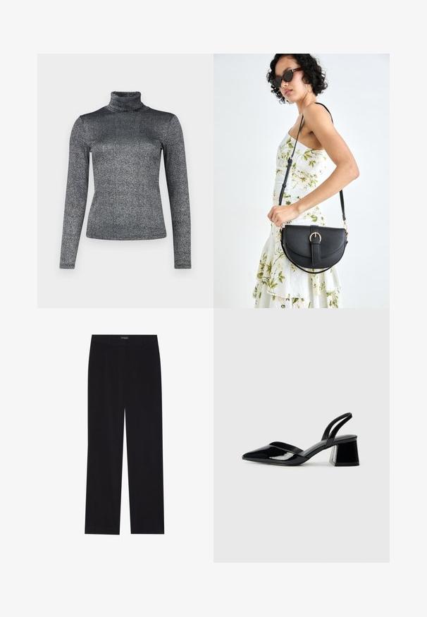 Top cu maneci lungi, tip turtleneck, dintr-un material gri metalizat cu o textură strălucitoare. Design mulat cu gât înalt pentru un plus de căldură.; Pantaloni din cord din culoare neagră, cu croială dreaptă, având un brâu plat și fără buzunare vizibile, textură netedă și detalii cu fante verticale.; Pantofi cu toc slingback din piele lacuită neagră, cu vârf ascuțit și toc geometric. Prezintă un design elegant, minimalist și o textură netedă.; Geantă din piele neagră, cu o formă curbată, curea detașabilă și accesorii aurii. Geanta are un capac cu un detaliu tip cataramă.