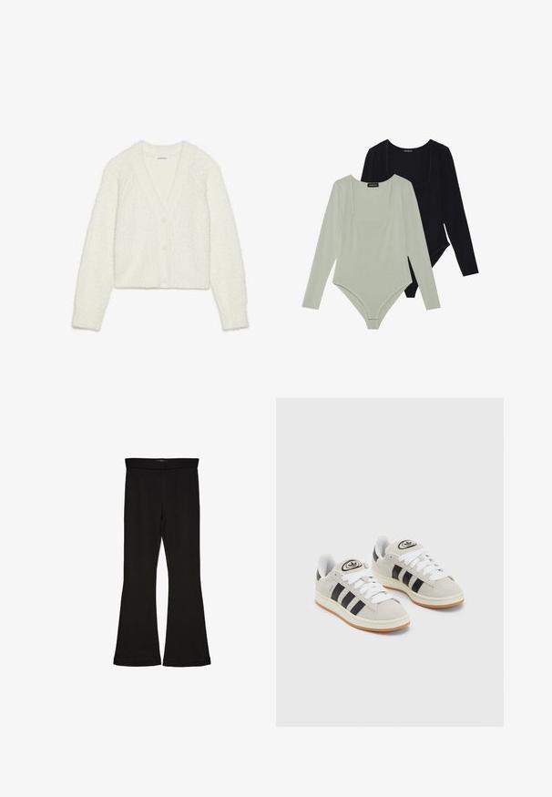 Valkoinen, teksturoitu neuletakki, jossa on V-pääntie, pitkät hihat ja viisi nappia edessä. Pehmeä, pörröinen materiaali, jossa on lyhyt muoto.; Kaksi pitkähihainen bodya: toinen vaaleanvihreä ja toinen musta. Molemmissa on neliön muotoinen pääntie ja tiukka muotoilu sileällä pinnalla.; Mustat leveät legginsit, jotka on valmistettu joustavasta kankaasta. Niissä on leveä vyötärö ja sileä pinta, sekä vartalonmyötäinen leikkaus, joka levenee helmassa.; Harmaat mokkasiinikenkä, joissa on valkoiset nauhat, mustat raidat ja valkoinen kumipohja. Kantajassa on pyöreä logo ja vaaleanruskea pohja.