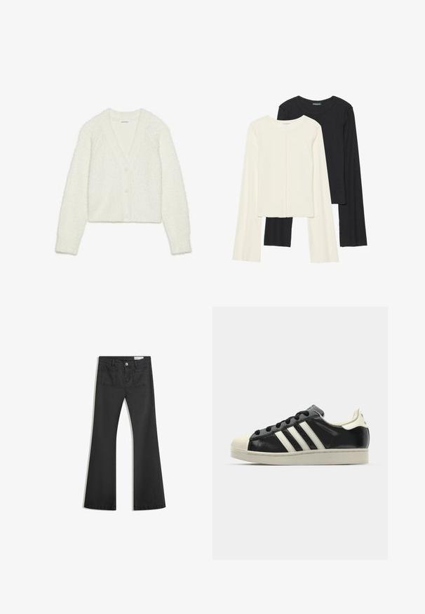 Weißer, strukturierter Cardigan mit V-Ausschnitt, langen Ärmeln und fünf Knöpfen vorne. Weiches, flauschiges Material mit cropped Design.; Set aus zwei Langarmoberteilen in Weiß und Schwarz. Rippstruktur, Rundhalsausschnitt, figurbetontes Design mit leicht ausgestellten Ärmeln.; Schwarze Schlagjeans aus Denim mit glatter Textur, ausgestattet mit zwei Gesäßtaschen und einem Knopfverschluss an der Taille.; Schwarze Ledersneaker mit weißen Streifen, Gummikappe, schwarzen Schnürsenkeln und einer cremefarbenen Sohle. Glatte Textur mit glänzender Oberfläche.