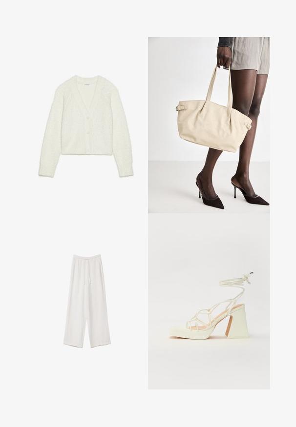 Biała, fakturowana kardigan z dekoltem w kształcie V, długimi rękawami i pięcioma guzikami z przodu. Miękki, puszysty materiał o kroju cropped.; Białe spodnie o szerokich nogawkach wykonane z lekkiego materiału. Posiadają elastyczny pas z sznurkiem i boczne kieszenie. Gładka tekstura.; Biała sandał na wysokim obcasie z masywnym słupkiem, z paskowym wzorem i wiązaniem przy kostce. Gładka faktura z platformą z przodu dla dodatkowej wysokości.; Beżowa torba typu tote o gładkim wykończeniu skórzanym, ze sztywną formą, dwoma uchwytami i bocznymi klamrami. Połączona z eleganckimi czarnymi szpilkami.