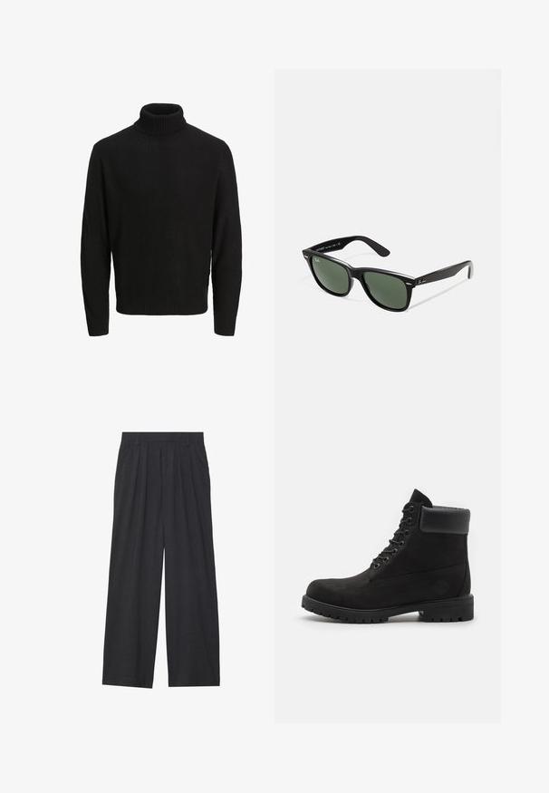 Suéter negro de cuello alto hecho de un tejido de punto texturizado, con mangas largas y un cuello y dobladillo acanalados. Aberturas laterales para mayor comodidad al moverse.; Pantalones de pierna ancha hechos de tela gris oscura. Cuenta con pliegues en la cintura, un diseño a medida y una silueta recta.; Botín negro con cordones hasta el tobillo, con cuello acolchado y suela resistente, mostrado de perfil sobre un fondo blanco.; Gafas de sol de plástico negro con lentes verdes, montura cuadrada, acento plateado en la ceja y brazos texturizados. Marca indicada en el brazo interno.