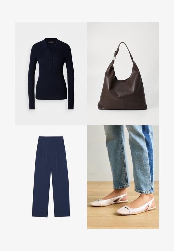 Polo de manga longa azul marinho feito de um tecido ribado texturizado, apresentando um colarinho, uma abertura com botões e uma silhueta ajustada.; Calças largas azul-marinho feitas de um tecido suave, com plissados frontais, uma textura lisa e um corte recto sem bolsos visíveis.; Sapatilhas slingback de cor rosa pálido com bico fino, feitas de um material semelhante a couro liso. Apresentam detalhes recortados nas laterais e um salto plano.; Zign LEATHER - Saco de mão - chocolate brown