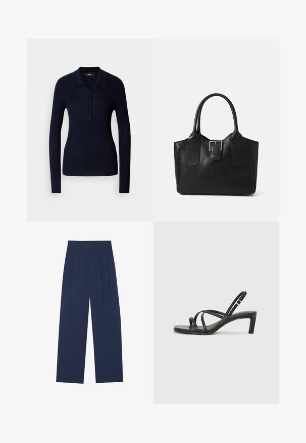 Marineblå langermet polo skjorte laget av teksturert ribbet stoff, med krage, knappestolpe og tettsittende silhuett.; Marineblå bukser med vide ben laget av mykt stoff, med frontfolder, en glatt tekstur og en rett passform uten synlige lommer.; Sorte sandaler med stropper, firkantet tå og lav blokk hæl. Har flere tynne stropper og en justerbar ankelstropp. Laget av glatt lær.; Svart skinn toteveske med jevn tekstur, strukturert form, to håndtak og en fremtredende sølvspenne foran.