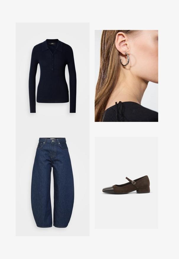 Marineblauwe polo met lange mouwen, gemaakt van gestructureerde ribstof. Het heeft een kraag, knoopsluiting en een aansluitende pasvorm.; Donkerblauwe spijkerbroek met een brede, ontspannen pasvorm. Voorzien van een ritssluiting, vier zakken en contrasterende stiksels langs de naden.; Bruine suède Mary Jane-schoen met een zwarte lakleren neuskap, een verstelbare band en een lage blokhak. Gladde textuur met minimale accenten.; Zilveren oorbel met een gepolijste afwerking, met kleine gouden accentdetails en een ronde vorm, gedragen op de oorlel.