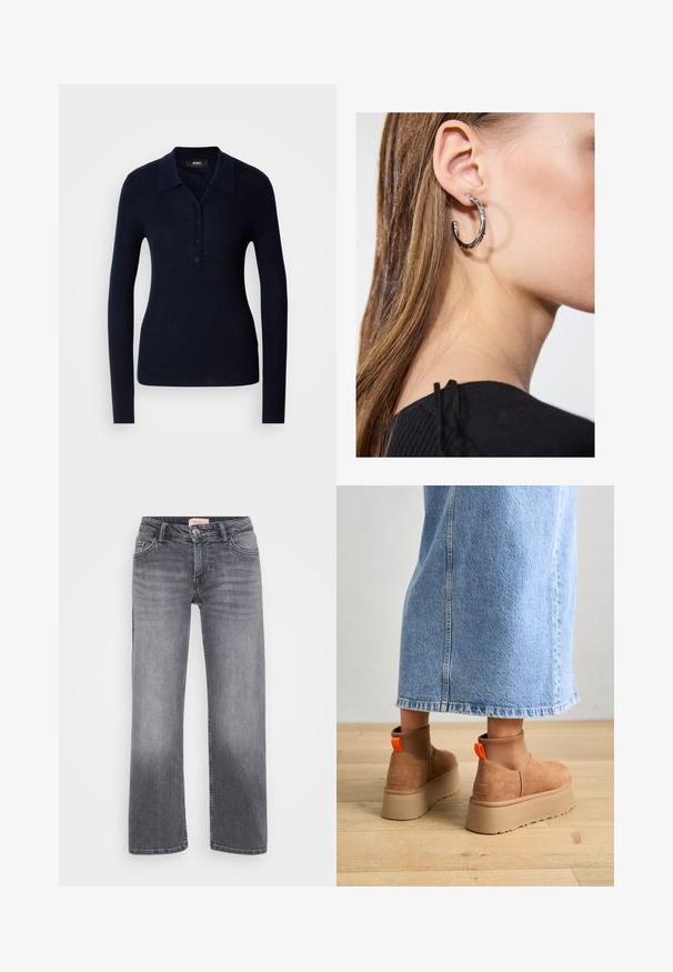 Marineblaues Langarm-Polohemd aus strukturiertem Rippmaterial mit Kragen, Knopfleiste und taillierter Silhouette.; Graue Jeans aus Denim mit geradem Bein, fünf Taschen, dezentem Verblassen und einem Knopfverschluss in der Taille.; Braune Wildleder-Plateau-Stiefel mit elastischen Seitenpaneelen und orangen Zuglaschen, kombiniert mit einem knielangen hellen Jeansrock auf einem Holzboden.; Silberne Creolen mit polierter Oberfläche, die kleine goldene Akzentdetails und eine runde Form aufweisen, am Ohrläppchen getragen.