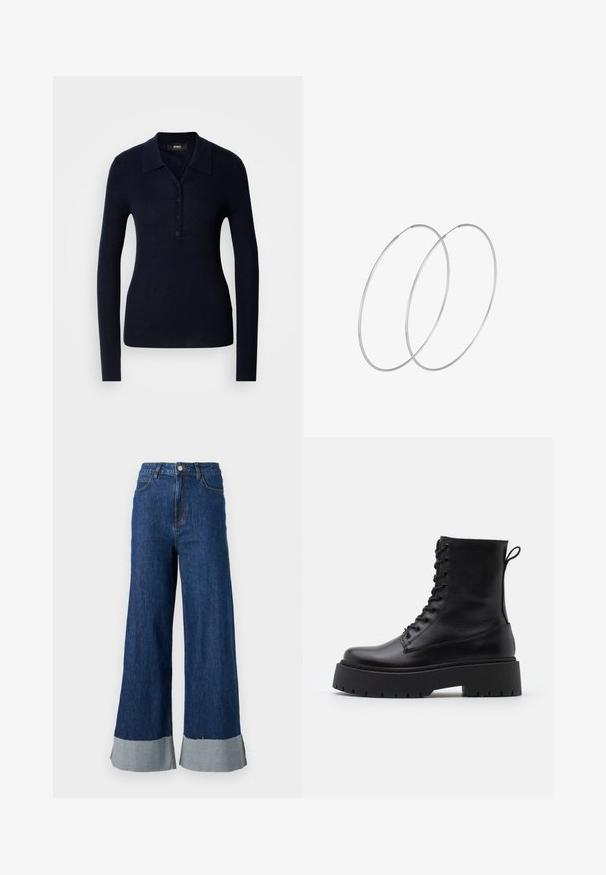 Námořnická polokošile s dlouhým rukávem vyrobená z texturované ribrové tkaniny, s límcem, knoflíkovou légou a přiléhavým střihem.; Kalhoty z denimu s širokými nohavicemi v tmavě modré barvě, se světle modrým kontrastním nápletem a klasickým pěti-kapsovým designem.; Černé kožené kotníkové boty s kulatou špičkou, šněrováním na přední straně a silnou gumovou podešví s texturovaným vzorkem. S poutkem vzadu.; Stříbrné kruhové náušnice s minimalistickým designem. Kruh, hladký povrch a tenký profil. Lehká konstrukce s lesklým povrchem.