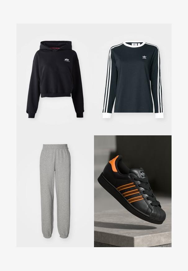 Mustat lyhytcroppihuppari, joka on valmistettu pehmeästä kankaasta. Siinä on etutasku, narukapula ja pieni valkoinen logo rinnan alueella.; Mustapaita pitkällä hihalla valkoisilla yksityiskohdilla, jossa on pyöreä kaula-aukko ja kolme valkoista raitaa jokaisessa hihassa. Pienet logo rinnassa.; Harmaat collegehousut, jotka on valmistettu pehmeästä kankaasta. Niissä on joustava vyötärö ja hihnat, rento istuvuus ja yksinkertainen muotoilu.; Musta sneaker oransseilla yksityiskohdilla, kolme vaakasuuntaista raitaa, tekstuuri-nahkapinta, kuminen varvaskansi ja mustat nauhat.