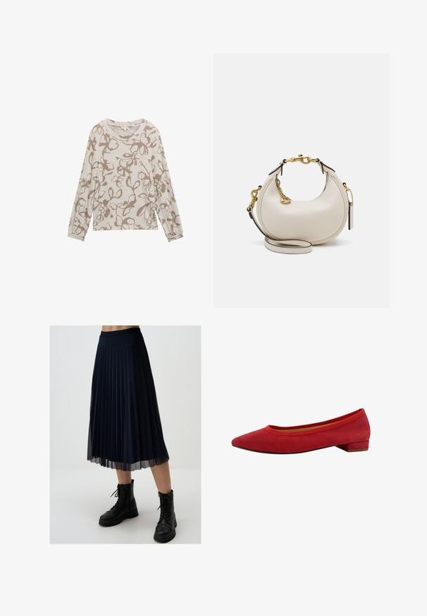 TOM TAILOR GEMUSTERTES LANGARM - Strickpullover - cosy taupe floral design; Weißes Langarm-Hemd mit Knöpfen und spitzem Kragen aus Baumwolle. Verfügt über ein kleines gesticktes Logo auf der linken Brust.; Marineblauer Faltenrock aus leichtem Stoff, mit mittellanger Länge bis zur Wadenmitte und einem enganliegenden Taillenbund, kombiniert mit schwarzen Kampfstiefeln.; Rote Wildleder Ballerinas mit spitzem Zeh, niedrigem Blockabsatz und elastischem Besatz am Schaft für eine enge Passform.; Cremfarbene Lederhandtasche in Mondform, mit goldenen Akzenten, schwarzen Details und einem abnehmbaren Gurt. Sie verfügt über eine Kettendetail und einen Anhänger.