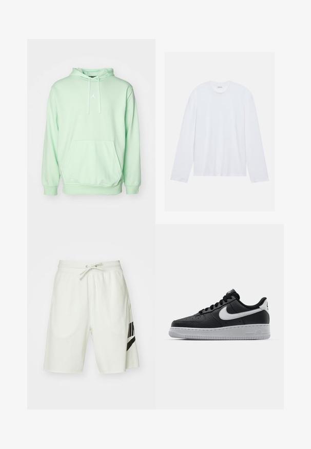 Mintgrön huvtröja i mjukt material, med en framficka och en vit logotypdetalj på bröstet. Justerbar dragsko vid huvan.; Vit långärmad t-shirt i bomull. Har en klassisk rund halsringning och sänkta axelsömmar, med en slät, enkel textur.; Ljusgrå bomullsshorts med elastisk midja, justerbar dragsko och en svart Nike-logotyp på vänster sida.; Svart lädersneaker med strukturerad yta, vit Nike-swoosh, grå sula, rund tå och snörningsdesign. Har perforeringar på tåboxen.