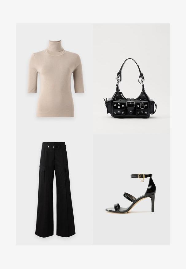 Filippa K ELBOW SLEEVE - Strickpullover - moss grey; Schwarzes Lederhemd mit durchgehender Knopfleiste, spitzem Kragen und zwei Brusttaschen. Hat eine lockere Passform und eine glatte Textur.; Schwarze weit geschnittene Hose mit hohem Bund, großen Seitentaschen, zwei vorderen Knöpfen und einer Schlaufen-Detail. Aus robustem Stoff gefertigt.; Schwarze Lackleder-Sandale mit drei Riemen, Knöchelriemen und 10 cm hohen Stiletto-Absatz. Verfügt über goldfarbene Hardware-Details und ein Logo-Charm.; Schwarze Lederhandtasche mit einem geschwungenen Design, verziert mit silbernen Nieten, einer Schnalle und zwei seitlichen Taschen. Verstellbarer Träger für verschiedene Tragemöglichkeiten.